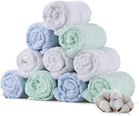 Baby Muslin Washcloths 10 Pack, 6 Layers Natural Muslin Cotton Baby Wipes, Newborn Baby Face Towel for Sensitive Skin, Baby Registry as Shower Gift Set, Extra Soft, Breathable, 12x12 inches (Blue-Gree