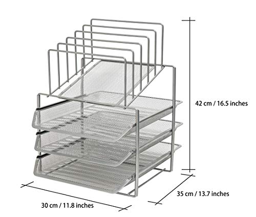 Exerz Desk Organizer Wire Mesh 3 Layer Sliding Letter Trays with 5 Upright Sections/Dividers/Paper Sorter/Desk Multifunctional File Holder Filing Shelves for Office, School Silver (EX2428-SLV)
