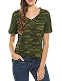 Women's Roll Over Short Sleeve Top V Neck Camouflage T Shirt Loose Camo Basic Jersey Top