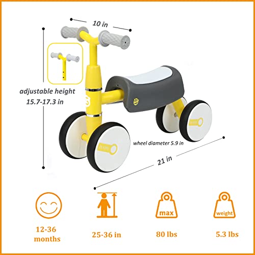 MICKYU Balance Bike for 1 Year Old Baby Girls Boys, Infant Ride On Toys No Pedal 4 Wheels Push Bicycle with Widened Saddle Seat, Best First Birthday Gifts New Year Holiday (Yellow)