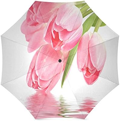 Custom Pink Tulips Flower Anti Rain Windproof Travel Golf Sports Foldable Umbrella