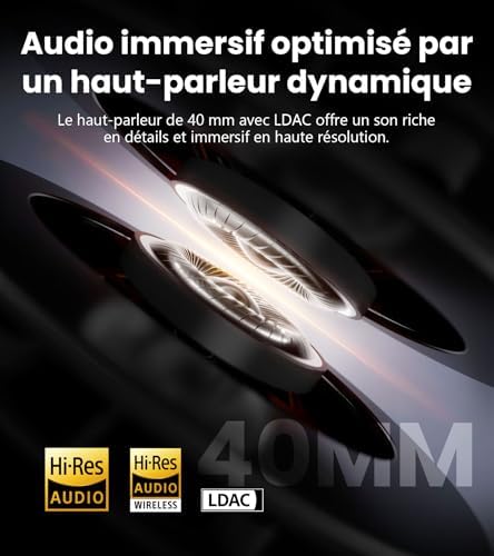 W820NB Plus Gen 2 - Casque Audio Over-Ear sans Fil Pliable à Réduction de Bruit(ANC -49 DB), LDAC Hi-Res, Autonomie 88h, Son Spatial, Appels Clair AI, BT V6.1, Multipoint Connexion-Gris Foncé