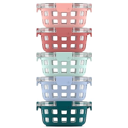 Ello Duraglass Runde Mahlzeiten-Vorbereitungssets für 3,4 Tassen, 10 Stück, 5-teiliges Set, Glas-Frischhaltedosen mit Silikonhülle und luftdichtem BPA