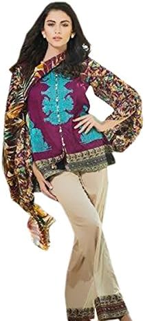 Hautewagon Women's Pure Cotton Lawn Embroidered Suit With Chiffon Dupatta Free Size Purple