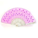 uxcell Floral Cloth Paillette Sequins Embroidered Hand Fan Purple Pink