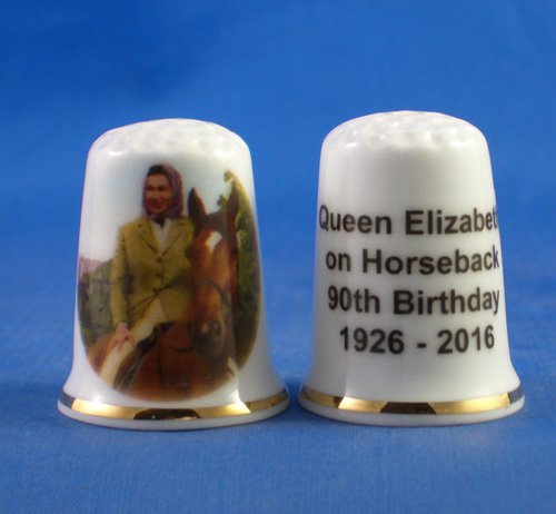 Porcelain China Collectable Thimble - Queen Elizabeth on Horseback 90th Birthday -- Free Gift Box