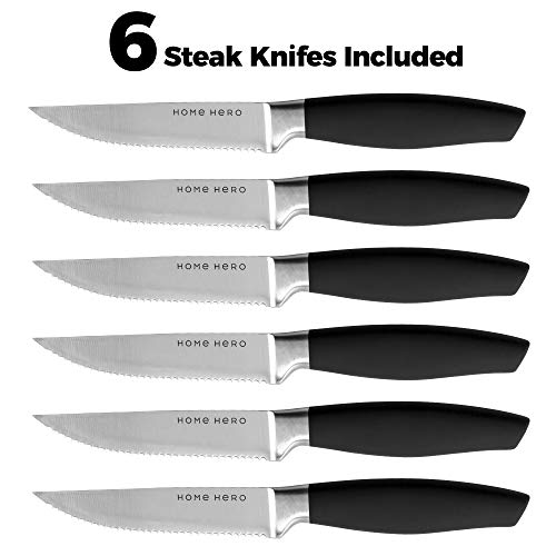 Stainless Steel Knife Set with Block - 13 Kitchen Knives Set Chef Knife Set with Knife Sharpener, 6 Steak Knives, Bonus Peeler Scissors Cheese Pizza Knife & Acrylic Stand - Best Cutlery Set Gift