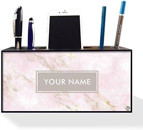 Nutcase Personalized Pen Mobile Stand Holder for Office Table-Wooden Desk Organizer-4" x2.1x8 - Pink Marble