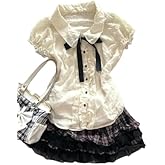 Wayolyn Lolita Shirts Kawaii Cute Clothes Blouse Lace Short Jirai Kei Fashion Puff Sleeve Shirt Ruffle Top with Bow Cutecore