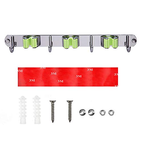 Munto Mop and Broom Holder Wall Mount, Metal Stainless Steel Closet Broom Rack Organizer, Screws or Self Adhesive 3M Tape Mop Utility Hanger, Heavy Duty Storage Tool for Garage and Garden