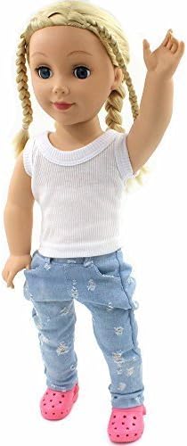 18" American Girl Clothes Pink Tank Top Vest T Shirt Blue Ripped Jeans Cotton Costume Outfit 2 Pcs Set(doll or Shoes Are Not Included)