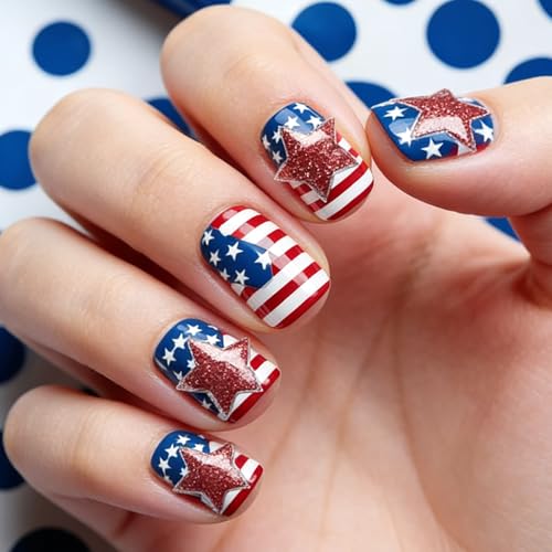 Independence Day Press on Nails Short Square Fake Nails Glossy… at Amazon
