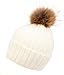 Womens Girls Knitted Fur Hat Real Large Raccoon Fur Pom Pom Beanie Hats - WHITE