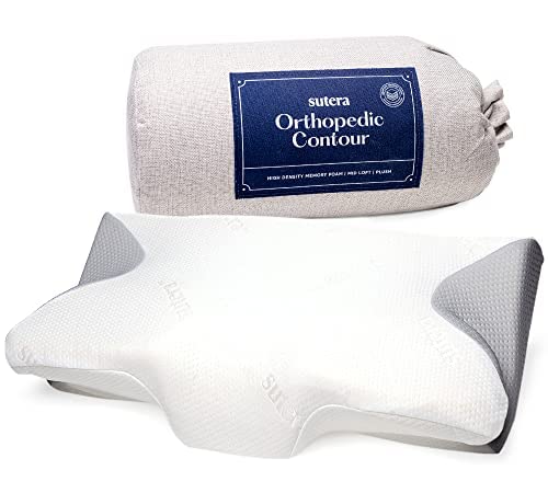 SUTERA - Dream Deep Contour Memory Foam Pillow, Orthopedic Cervical Support for Neck, Shoulder and Back Pain Relief, Ergonomic Pillow for Side, Back and Stomach Sleepers, Washable Cover - White+Bag
