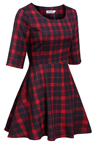 Sleeves Fit and Flare Plaid Casual Summer Dress เดรส แฟชั่นชุดทำงาน Meaneor ผู้หญิง 1/2