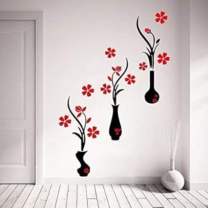 Decor Kafe Red and Black Flower Pots Wall Sticker (PVC Vinyl Film, 107.01 cm x 124.99 cm x 0.99 cm)