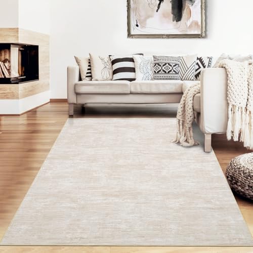 LuxFocus Washable Living Room Rug, 240 x 340 cm, Modern Plain Bedroom Rug, Plain Design with Texture, Non-Slip Short Pile Rug for Children's Room, Office, Dining Room, Beige