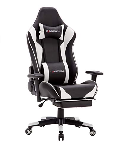 DANSITWELLGame Chair Ergonomic Computer Chair Leather high Back Esport Chair Height Adjustable Game Racing Chair Large Size Executive Office Chair with footrest headrest and Lumbar Support(White)