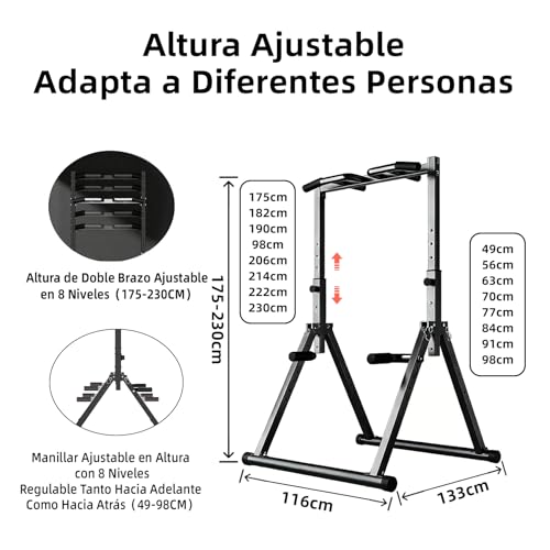 GOHOMKIC Barra de Dominadas Plegable Equipo de Entrenamiento Multifuncional | Estación de Barra de Inmersión de Gimnasio en Casa para Pull Ups, Dips, Barra Fija, Altura Ajustable
