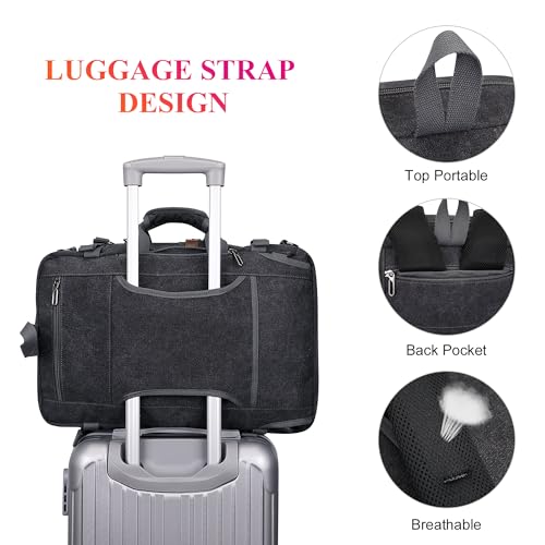 WITZMAN Canvas Travel Backpack for Men Large Laptop Backpack Fit 17 inch Carry-on Airline Approved Convertible Shoulder Rucksack(A6617-3 Black)