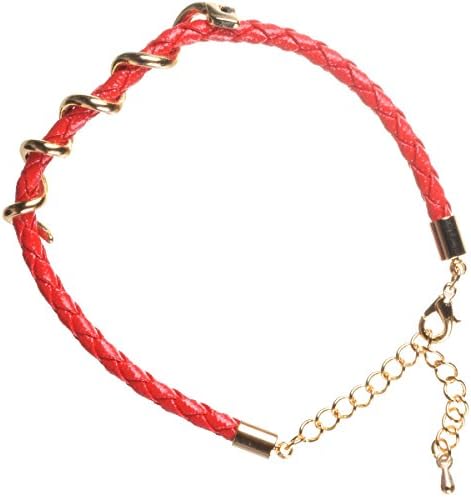 Red Leather Bracelet with 16k Gold Plated Snake Coil and Czech Crystal by Zoetik, approx. 6.5” with 2” extension