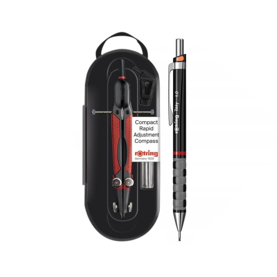 rOtring Rapid Adjustment Compass Set with Lead box | Circles up to 360 mm | Mechanical Pencil 1.00mm, Black Barrel