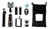 Phone Camera lens kit for any iPhone & Samsung. Included is 4 in 1 lens attachment kit w/ 12x telephoto, 198° fisheye lens, 0.63x wide angle, 15x macro, tripod, remote shutter and Selfie light!