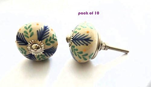 Om Creation Leaf design set of 10 door knobs and drawer pulls,ceramic door knobs,ceramic cabinet knobs, Ceramic drawer pulls (Blue-Green)