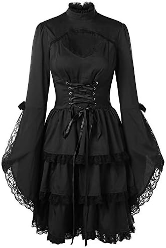 Women's Dresses, Venfamo Flare Sleeve Lace Patchwork Gothic Lolita Little Black Dress