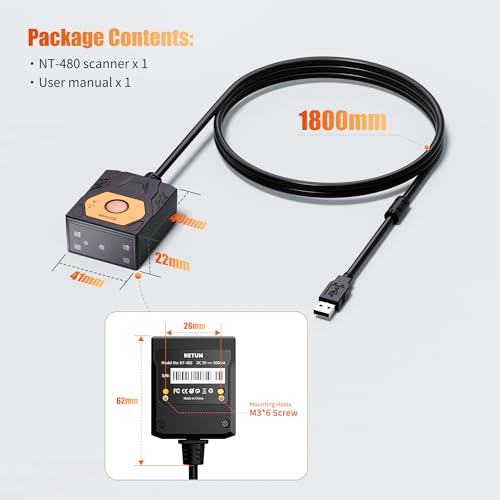 NETUM Scanner per codici a barre fisso NT-480, scanner industriale 1D 2D per codici QR con connessione USB, scanner incorporato con rilevamento automatico per chioschi, trasportatori, POS, produzione
