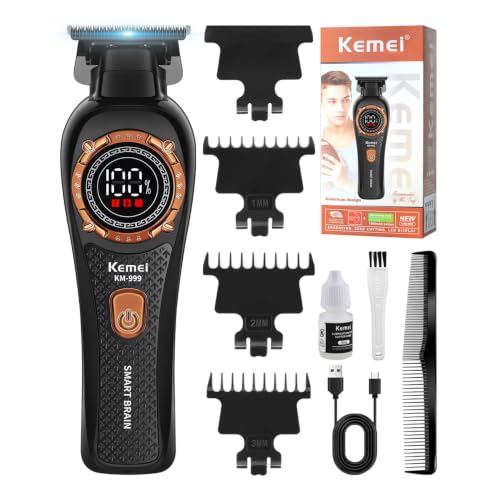 KEMEI 999 Professional Men's Hair Clipper Cordless Electric Cordless T-Blade Hair Clipper with LED Display and 3 Guide Combs (Black)