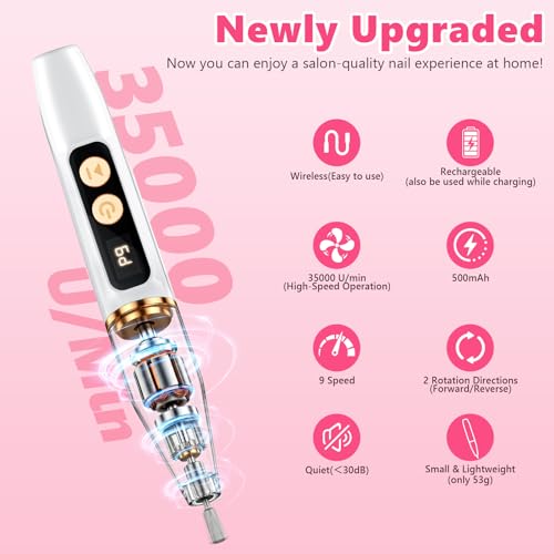 Nail Drill 35000RPM, 12 in 1 Electric Nail Mill Professional | Nail Cutter, LED Screen, 12 Accessories, 9 Speed, USB-C Rechargeable Wireless Nail Mill with Ceramic Tip