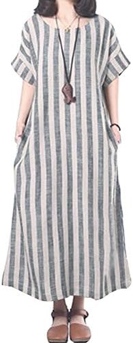 YOUBENGA Women's Plus Size Vertical Stripe Loose Cotton Linen Maxi Kaftan Dress