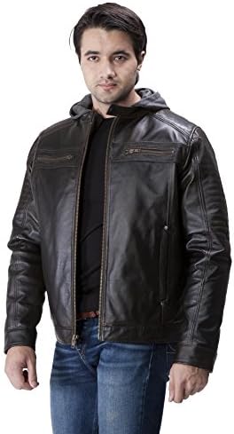United Face Mens Genuine Leather Moto Jacket with Hoodie, Dark Brown, Small