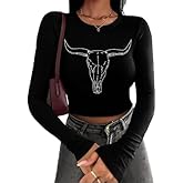 Tewmeu Cowgirl Outfits for Women Sparkly Western Country Concert Graphic Tee Cropped Rodeo Tight Long Sleeve Top