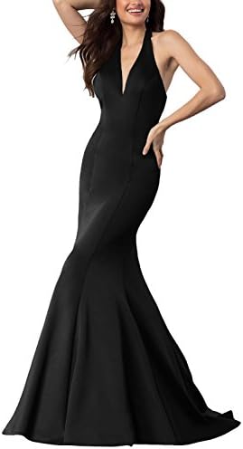 Halter Prom Dresses Long Mermaid V-Neck Backless Satin Formal Evening Gown 2018 Black Size 18