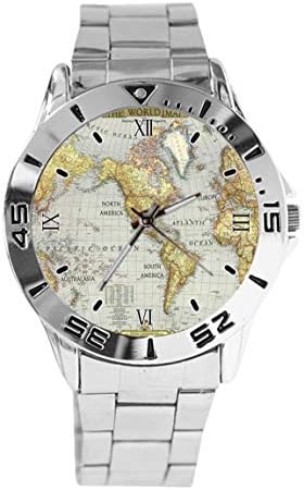 World Map Design Analog Wrist Watch Quartz Silver Dial Classic Stainless Steel Band Women's Men's Watch