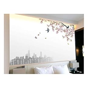 Large Wall Mural - Watercolor Painting Style Cherry Blossom with Birds and Butterflies in Spring | Self-Adhesive Vinyl Wallpaper/Removable Modern Wall Decor - 66x96 inches