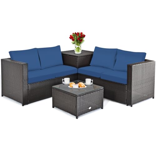 DORTALA Wicker Patio Furniture Set 4 Piece, Outdoor Sectional Couch Set with Table, Loveseat, Storage Box, All-Weather Rattan Conversation Sofa for Balcony, Porch, Backyard, Deck, Navy