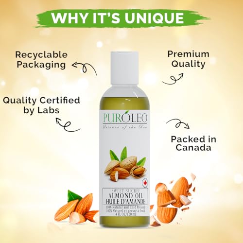 PUROLEO SWEET ALMOND OIL 4 FL OZ/120 ML 100% NATURAL AND PURE | MOISTURIZER & CARRIER OIL | BEAUTY & DIY BLENDS, MASSAGE OIL, BODY OIL, HAIR OIL AND BABY OIL | MADE FROM ALMONDS RAW