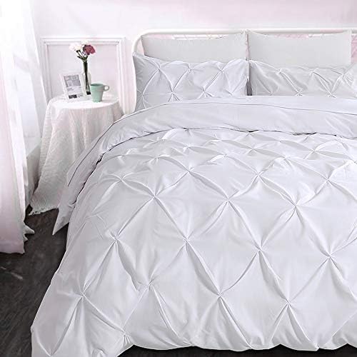 slashome King Duvet Cover, 3Pcs Pinch Pleat Luxurious Decorative Softest White Brushed Microfiber Bedding Set with Zipper Closure and Corner Ties