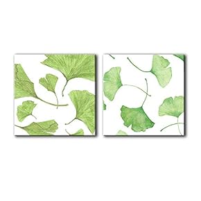 2 Panel Square Watercolor Style Green Ginkgo Leaves...