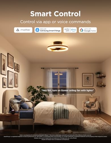 Govee Ceiling Fan with Lights, 20'' RGBIC Oscillating Flush Mount Bladeless Ceiling Fans with Lights and Remote, 12 Speeds Reversible DC Motor, 3100lm, Low Profile Ceiling Fan for Bedroom, Living Room