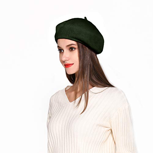 Wool Beret Hat Solid Color French Artist Beret with Skily Scarf and Brooch (Dark Green)