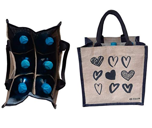 KVR natural Jute burlap wine beer carrier bottle sturdy bag with option to use as lunch bag (6 bottle bag, Heart Print) - Thumbnail 6