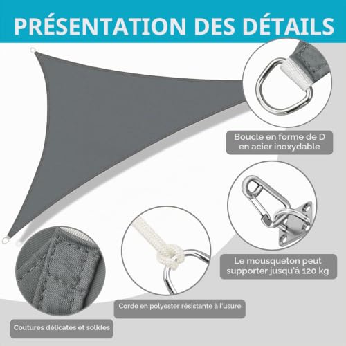 Triangular Shade Sail 4 x 4 x 4 m with Fixing Kit, Waterproof Triangular Shading Canvas, Sun Protection and Anti-UV, Shade Cloth without Drilling, Suitable for Terraces, Gardens and Greenhouses (Grey)