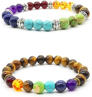 2 pcs Natural Tiger Eye Stone Reiki Healing Yoga Bracelet 7 Reiki Chakra Stretch Bracelet