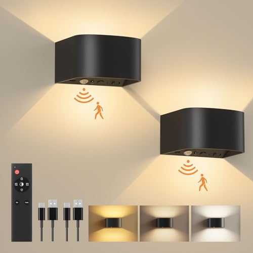 FULEN Akku Wandlampe Innen mit Bewegungssensor,Fernbedienung 3 Farben Wandlicht Up and Down Innen LED Wandleuchte 3 Modi Wiederaufladbare Batteriebetr