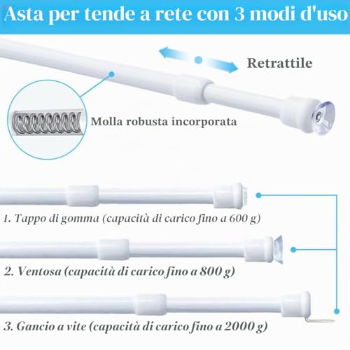 2 Pieces Glass Curtain Rods Without Drilling - Extendable Pressure Curtain Rod Rod with Spring Pressure Curtain Poles, Diameter 10mm, 45-60cm(White)