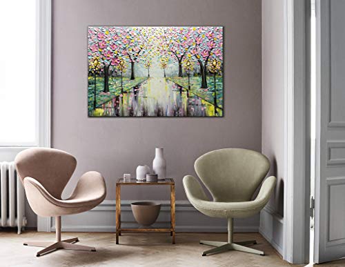 Amei Art Paintings,24x36Inch 3D Hand-Painted Modern Abstract Street View Landscape Artwork Cherry Blossom Tree Oil Painting on Canvas Home Decor Wall Art Wood Inside Framed Ready to Hang